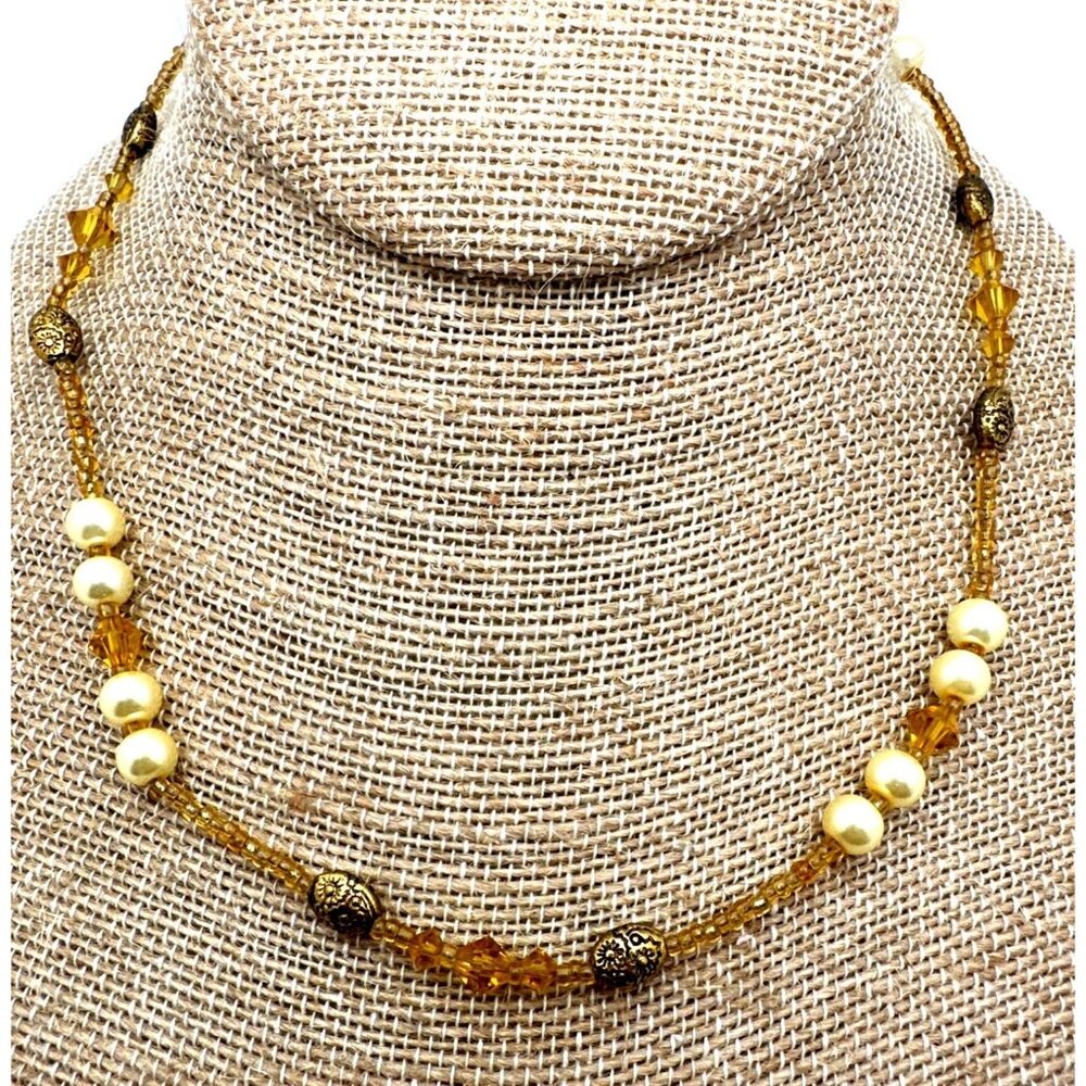 Vintage Simulated Pearl Necklace Amber Color Glass Beads Toggle Clasp